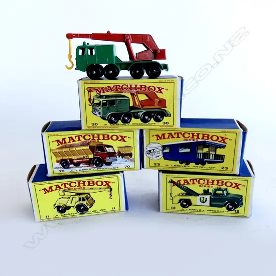 5 VINTAGE BOXED MATCHBOX SERIES; NOS. 11, 13, 23, 30, 70