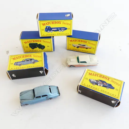 5 VINTAGE BOXED MATCHBOX SERIES CARS; NOS. 20, 44, 55, 68, 75