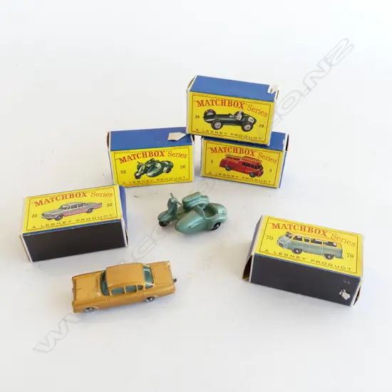 5 VINTAGE BOXED MATCHBOX SERIES; NOS. 9, 19, 22, 36, 70