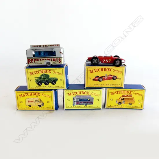 5 VINTAGE BOXED MATCHBOX SERIES CARS; NOS. 42, 62, 67, 74 73