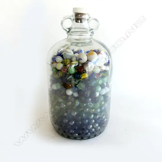 LARGE CARBOY BOTTLE FULL OF OLD MARBLES  H. 340mm