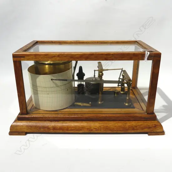 EDWARDIAN NEGRETTI & ZAMBRA OAK & GLASS CASED BAROGRAPH L 345mm