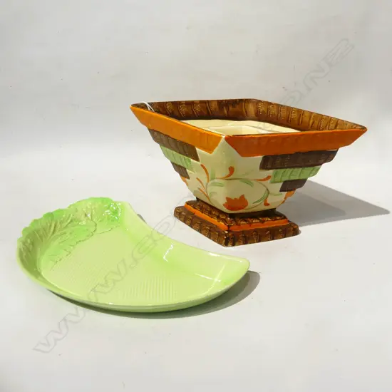 VINTAGE MYOTT ART DECO HAND PAINTED DIAMOND SHAPED VASE WITH FLOWER FROG (L. 270mm) & CARLTON WARE GREEN DISH (L 250mm)