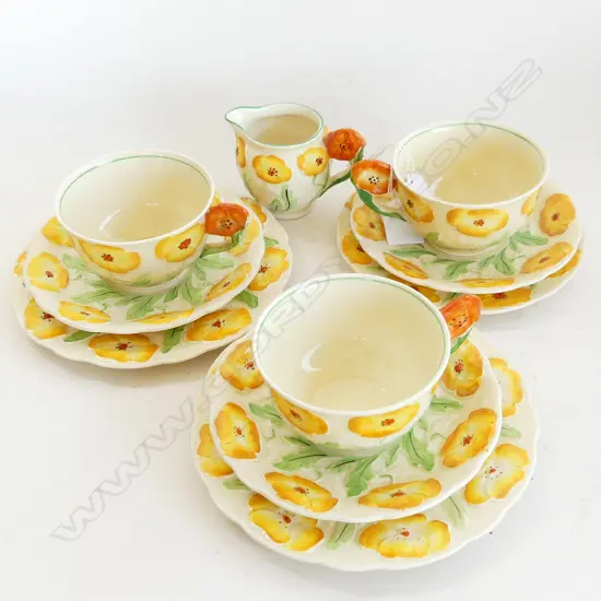 3 GRINDLEY YELLOW FLOWER TRIOS & 1 MILK JUG