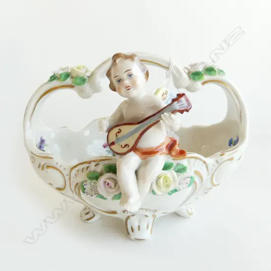 GERMAN DRESDEN PORCELAIN HAND PAINTED FLORAL BASKET WITH CHERUB PLAYING MANDOLIN L. 190mm