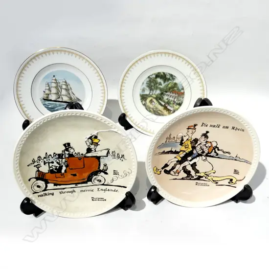2 NORMAN ROCKWELL WALKING PLATES, (DIA 195mm) & 2 BING & GRONDAHL PLATES (DIA 200mm) + 4 plate stands 