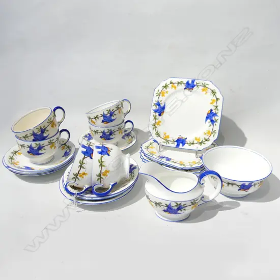 AYNSLEY BLUE BIRD PART TEA SET; JUG & BOWL, 5 TRIOS + 1 C&S + EXTRA SAUCER