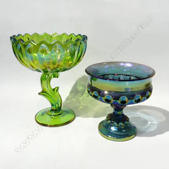 2 CARNIVAL GLASS COMPORTS  H130-190MM