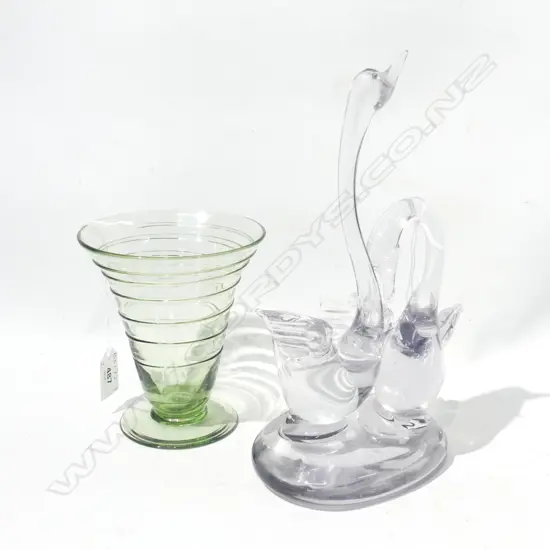 PR MURANO COJOINED GLASS SWANS (UNREADABLE STICKER TO BASE) (H.250mm) + GREEN TINGED WHITEFRIARS GLASS VASE (H. 138mm)