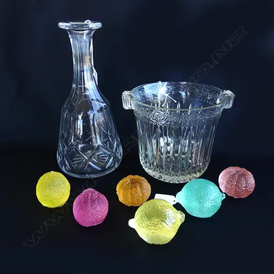 GLASS ICE BUCKET, DECANTER AND HANDMADE TRANSLUCENT FRUIT