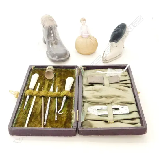 3 VINTAGE PIN CUSHIONS; 2 SILVER PLATE SHOES (L130, 105mm) & 1/2 DOLL PIN CUSHION & OLD CASED SEWING KIT 