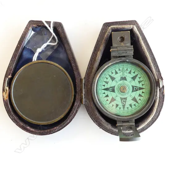 OLD BRASS CASED POCKET COMPASS, T PEACOCK & SON AUCKLAND, Dia 40mm IN ORIGINAL LEATHER CASE 
