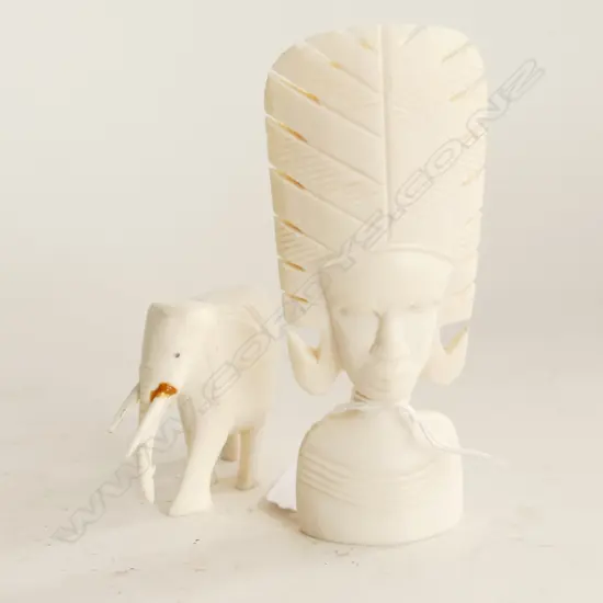 2 PCES CARVED IVORY; ELEPHANT & AFRICAN BUST H.120mm