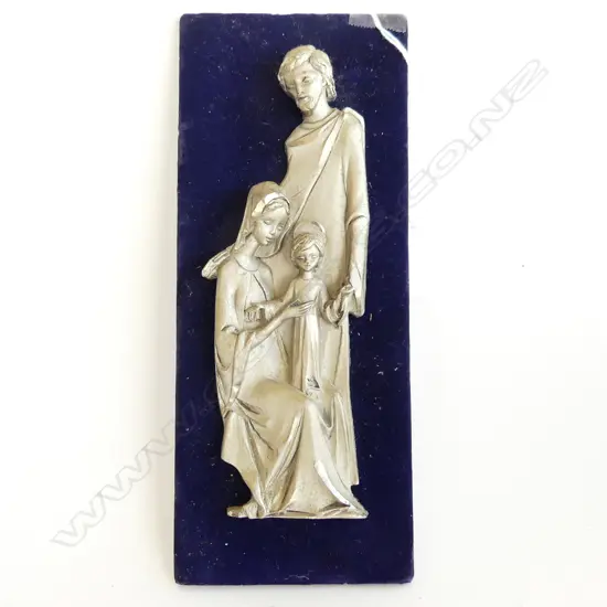 ITALIAN PEWTER JESUS, MARY & JOSEPH WALL HANGING H. 230mm