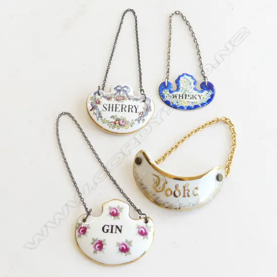 4 PORCELAIN & ENAMEL DECANTER LABELS – GIN, SHERRY, VODKA & WHISKY BY CROWN STAFFORDSHIRE, ROYAL ADDERLEY ETC.