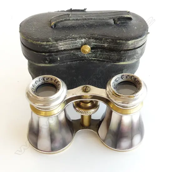 CHEVALIER PARIS MOP OPERA GLASSES - IN ORIGINAL LEATHER CASE WHICH HAS SOME DAMAGE.