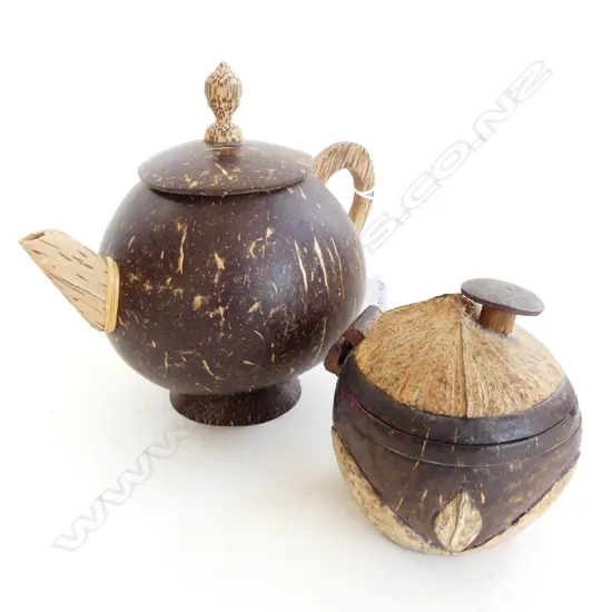 WHIMSICAL FOLK ART COCONUT SHELL TEAPOT & LIDDED SUGAR BOWL 