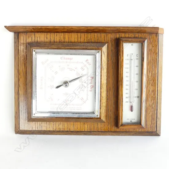 OAK FRAMED WALL BAROMETER & THERMOMETER, MADE IN ENGLAND 295 X 215mm - top of frame a/f
