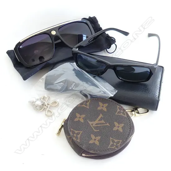 BAG ASST FAUX DESIGNER ITEMS; 2 PR SUNGLASSES, LADIES WALLET & COIN PURSE & LG DROP EARRINGS