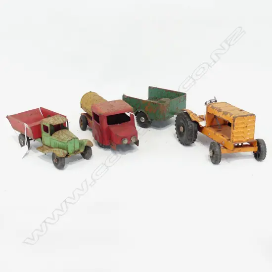 2 VINTAGE TIN TOY TRUCKS L280MM & TRACTOR WITH TRAILER  L440 TOGETHER