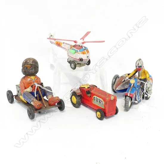 4 VINTAGE TIN TOYS GO KART L170MM TRACTOR L140MM HELICOPTER L170MM & MOTORBIKE WITH SIDECAR L180MM