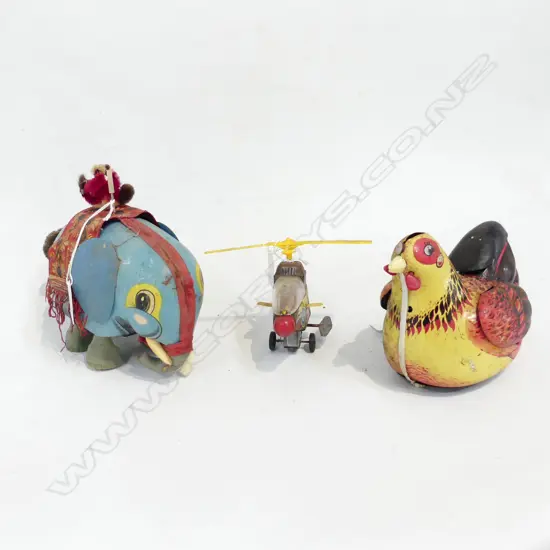 3 VINTAGE TIN TOYS ELEPHANT L200MM CHICKEN L170MM & HELICOPTER L220MM