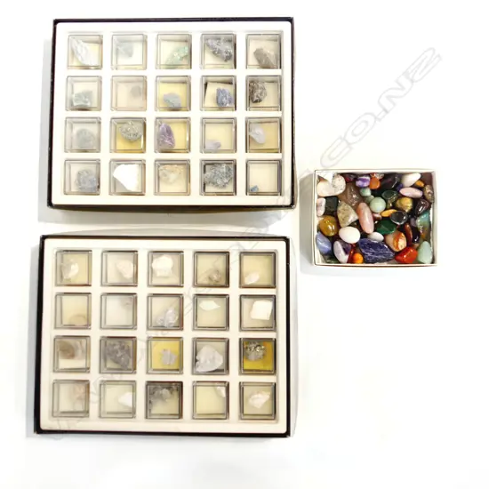 BOX MIXED  POLISHED GEMSTONES + 2 BOXES COLLECTABLE ROCK SAMPLES;  EACH WITH 20 INDIV. SAMPLES