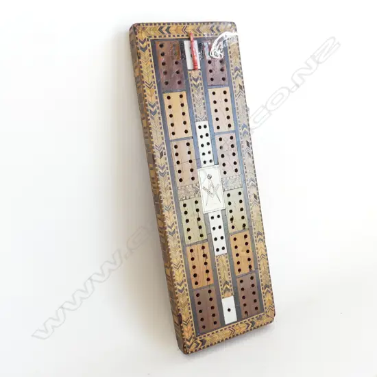 VICTORIAN MASONIC TUNBRIDGE WARE CRIBBAGE BOARD WITH IVORY INLAY. L. 300mm