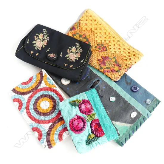 5 CLUTCH BAGS & PURSES; AFRICAN BEADED, HANDPAINTED CLUTCH WITH BUTTONS, FRENCH 1920's SILK, PETIT POINT EMBROIDERED...