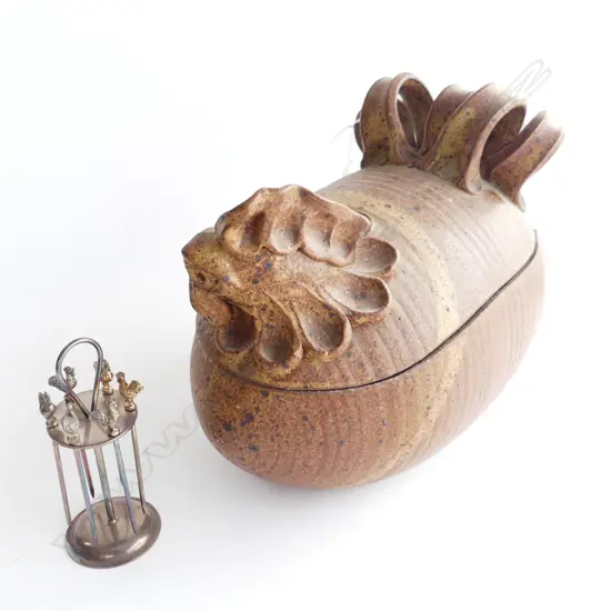 VINTAGE GINNY AND PAUL ANTHONY STUDIO POTTERY CHICKEN COOKER SCULPTURAL CASSEROLE DISH + S/PLATE SKEWERS