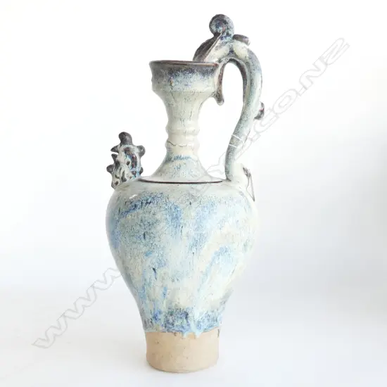 LG BLUE GLAZED ORIENTAL POTTERY JUG H. 370mm