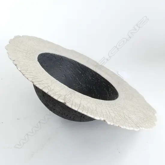 RICK RUDD STUDIO CERAMIC BOWL, CRACKLE GLAZE RIM w. MINOR LOSS 315mm dia