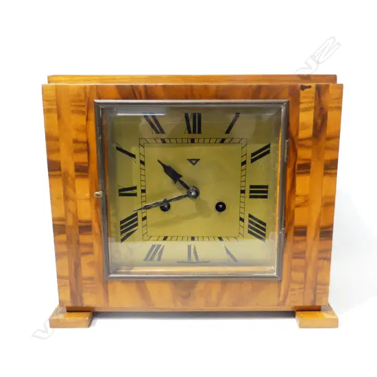 QUALITY ART DECO WALNUT CASED MANTLE CLOCK H.253mm.brass dial. w key & pendulum. gong strike