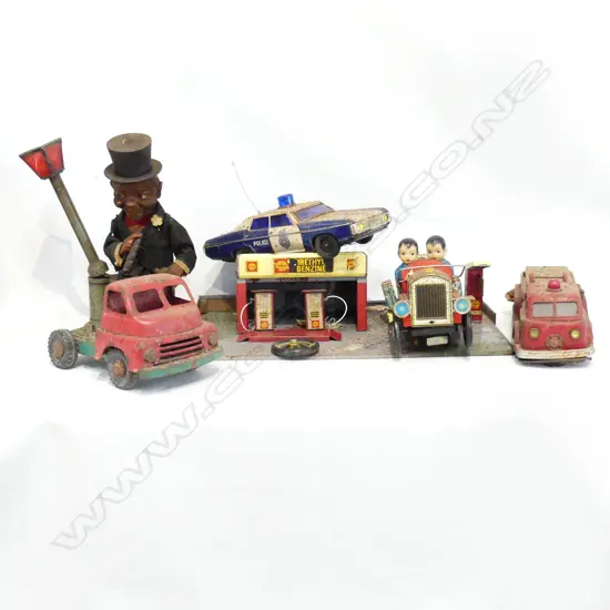 BOX LOT VINTAGE TIN TOY GARAGE POLICE CAR FIRE ENGINE ETC