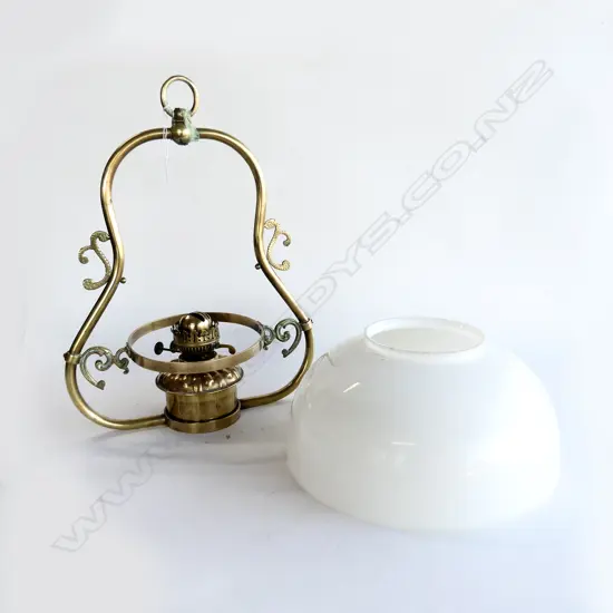 BRASS KEROSENE LAMP (H.520mm)+ NON MATCHING MILK GLASS SHADE,DIA.350mm