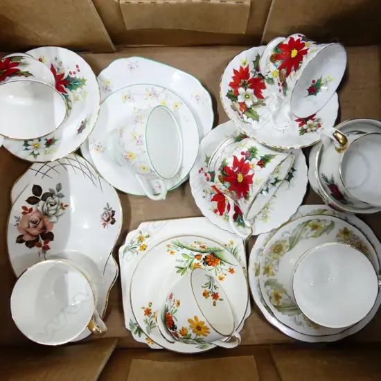 BOX LOT – ASSORTED CUPS, SAUCERS & PLATE SETS ROYAL ALBERT ETC