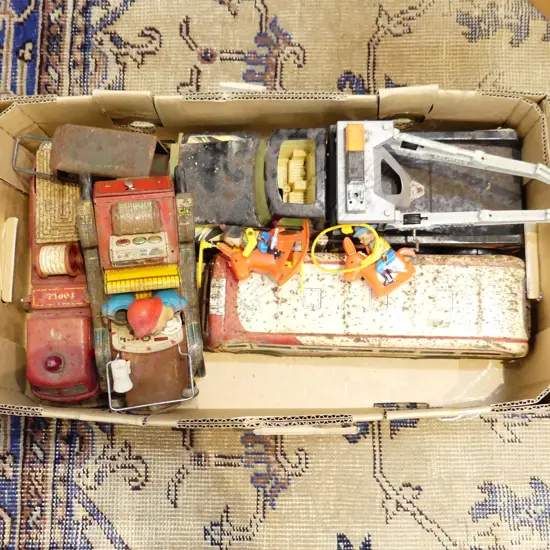 BOX LOT VINTAGE TOYS BUS TRUCK FIRE ENGINE ETC