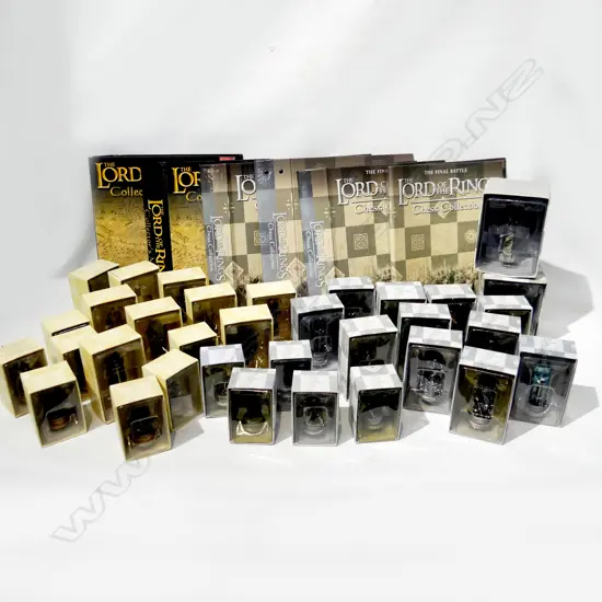 34 ASST. H/PAINTED LEAD LOTR CHESS FIGURES, BOXED + 6 FOLDERS LOTR COLLECTORS MODELS