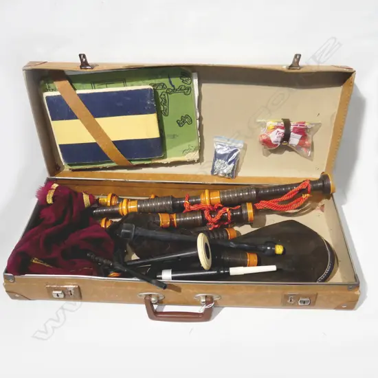  EX NZ POLICE PIPE BAND BAGPIPES WITH SOME IVORY FITTINGS + BADGES ETC