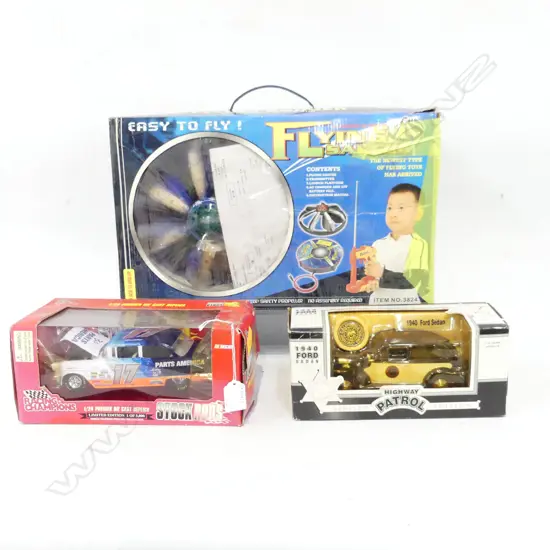 3 MINT & BOXED MODELS FLYING SAUCER H270MM STOCK CAR L260MM & FORD SEDAN POLICE VEHICAL L240MM