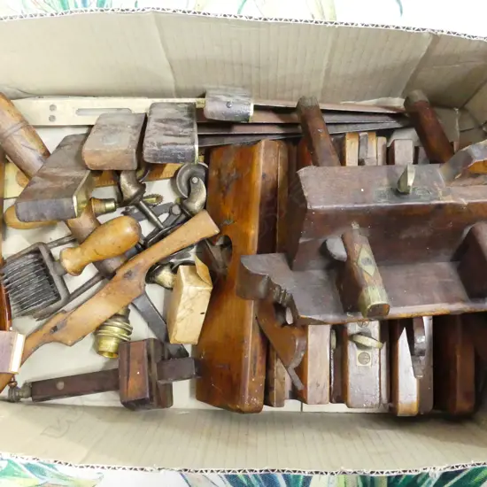 BOX LOT ASST. VINTAGE HAND TOOLS; PLANES, SET SQUARES ETC