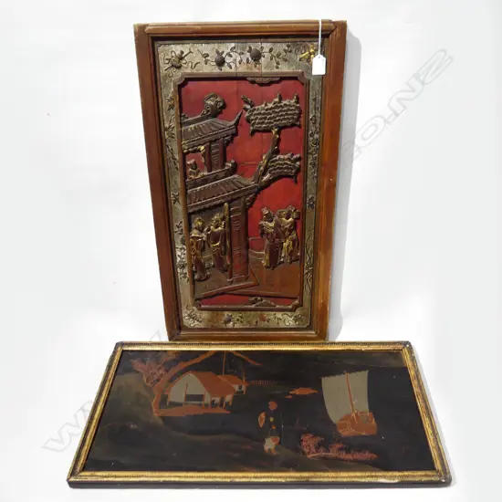 2 ORIENTAL PANELS; BLACK LACQUER 350x710mm, CARVED RED 720x390mm