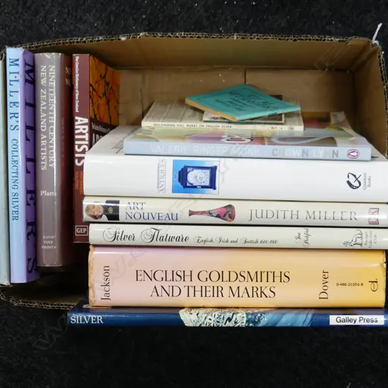 BOX LOT ASST. BOOKS; ANTIQUES, SILVER, ART ETC