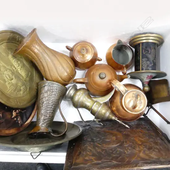 BOX OF COPPER & BRASS – TUI & KOWHAI PLAQUE, COFFEE POT, TEA SET, CIGARETTE DISPENSER, VASE, JUG, DISHES, FIRE TOOLS