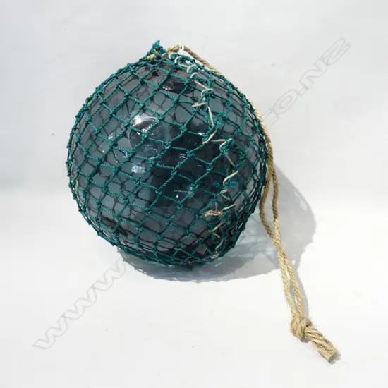 OLD GLASS FISHING FLOAT WITH NETTING APPROX DIA 320mm hand blown