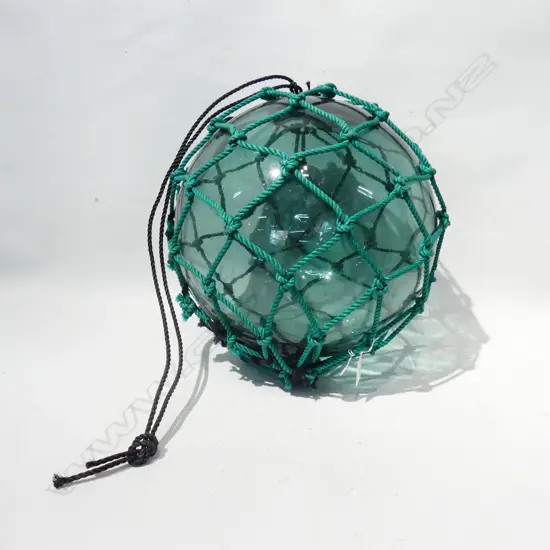 OLD GLASS FISHING FLOAT WITH NETTING APPROX DIA 320mm hand blown