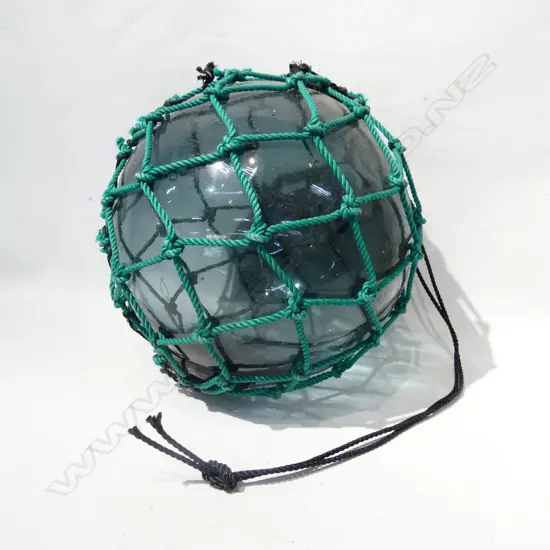 OLD GLASS FISHING FLOAT WITH NETTING APPROX DIA 320mm hand blown