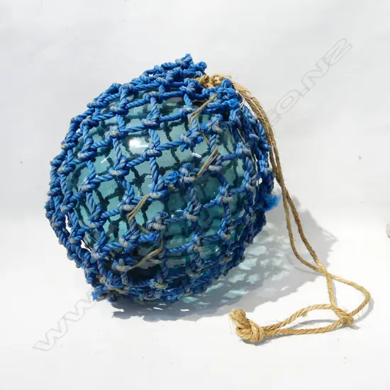 OLD GLASS FISHING FLOAT WITH NETTING APPROX DIA 340mm hand blown