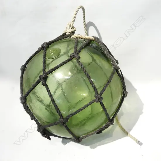 OLD GLASS FISHING FLOAT WITH NETTING APPROX DIA 420mm hand blown