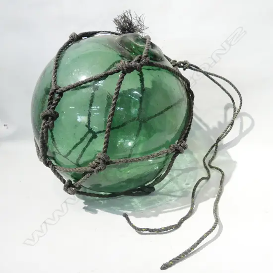 OLD GLASS FISHING FLOAT WITH NETTING APPROX DIA 380mm hand blown